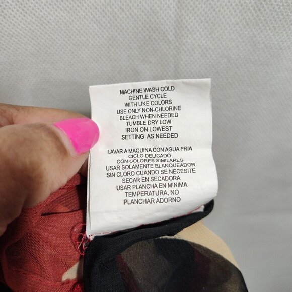 Takara Red Tan Black Shirt Blouse Women Size M Roll Tab Sleeve Chevron Print - Picture 7 of 10